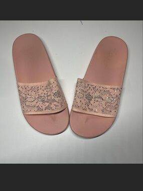 Bebe Women's Pink Lace & Rhinestone Slide Sandals